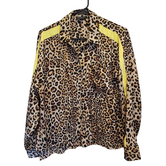 Topshop Leopard Animal Print Long Sleeve Shirt Women's SZ 6 Button Up Yellow Lin - Picture 1 of 7